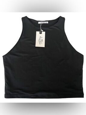 REORIA Women High Neck Double Lined Crop Tank Top Large L Black NWT High Cut